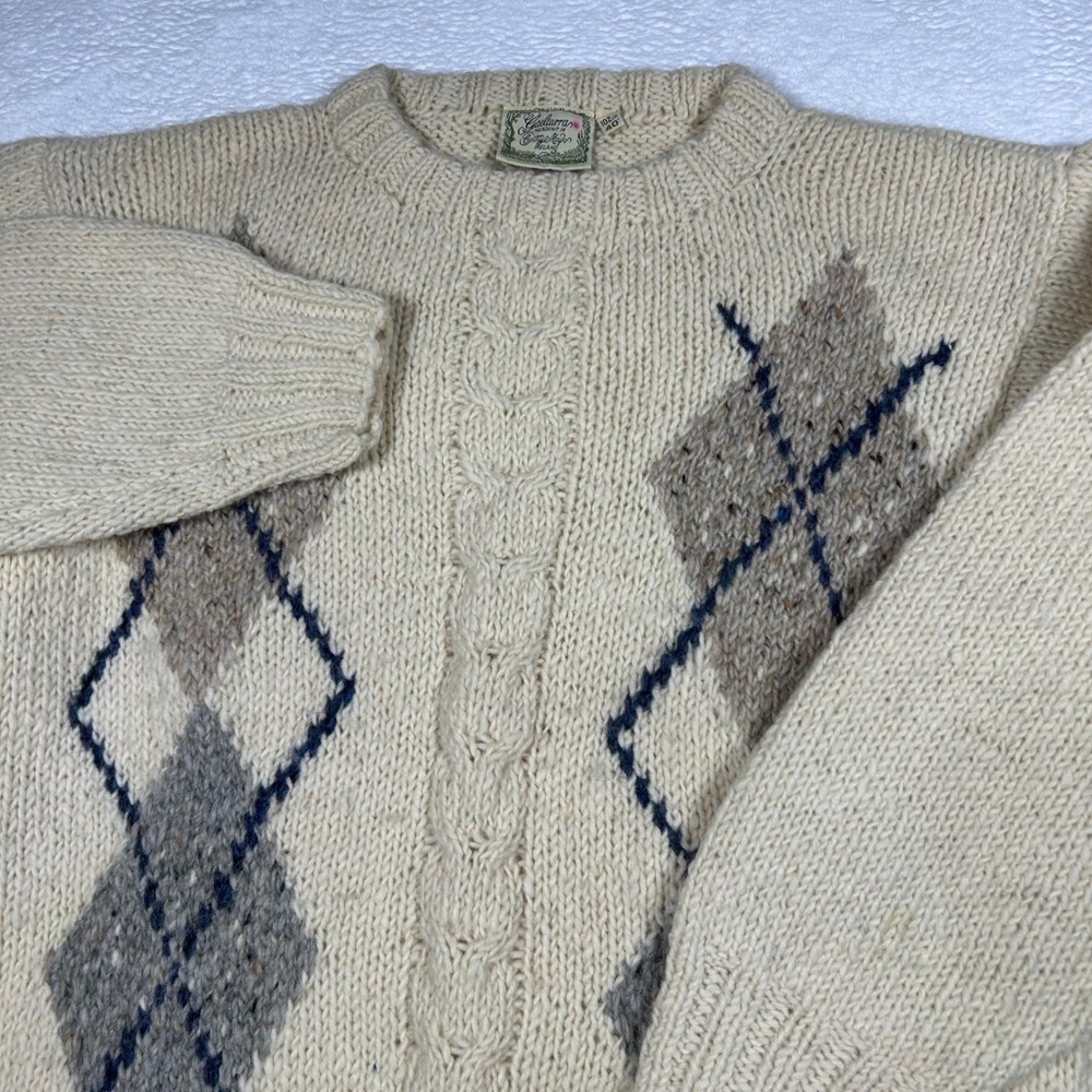 Gaeltarra Argyle Sweater Fisherman Fair Isle Grandpa Mens 40 Cream Wool Ireland